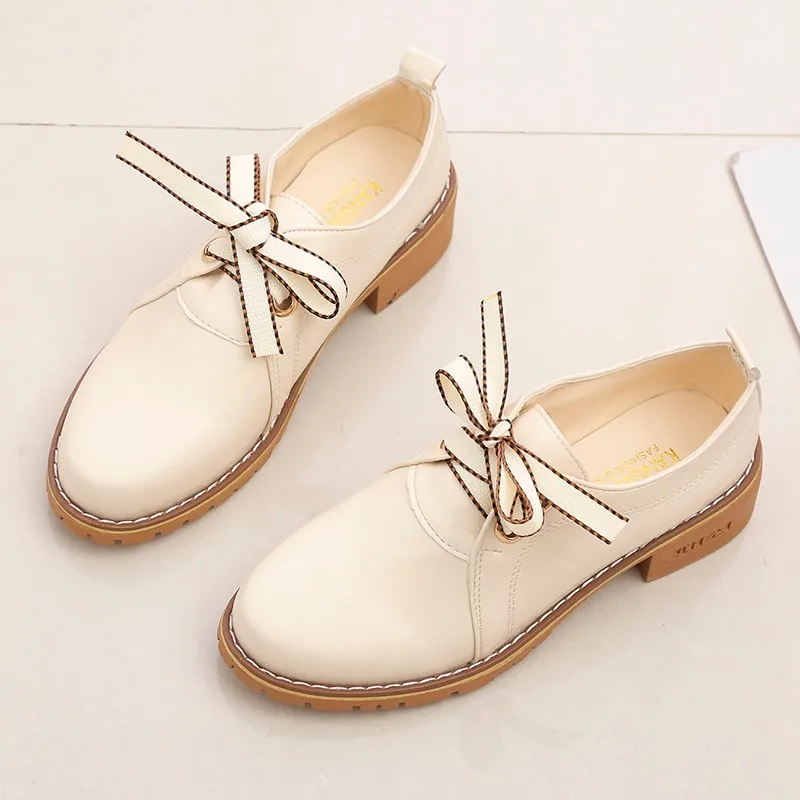 

Beau Shoe Women Flats Lace up Leather Oxfords Women Shoes Square Heels Round Toe Casual Ladies Loafers Flats Zapatos De Mujer