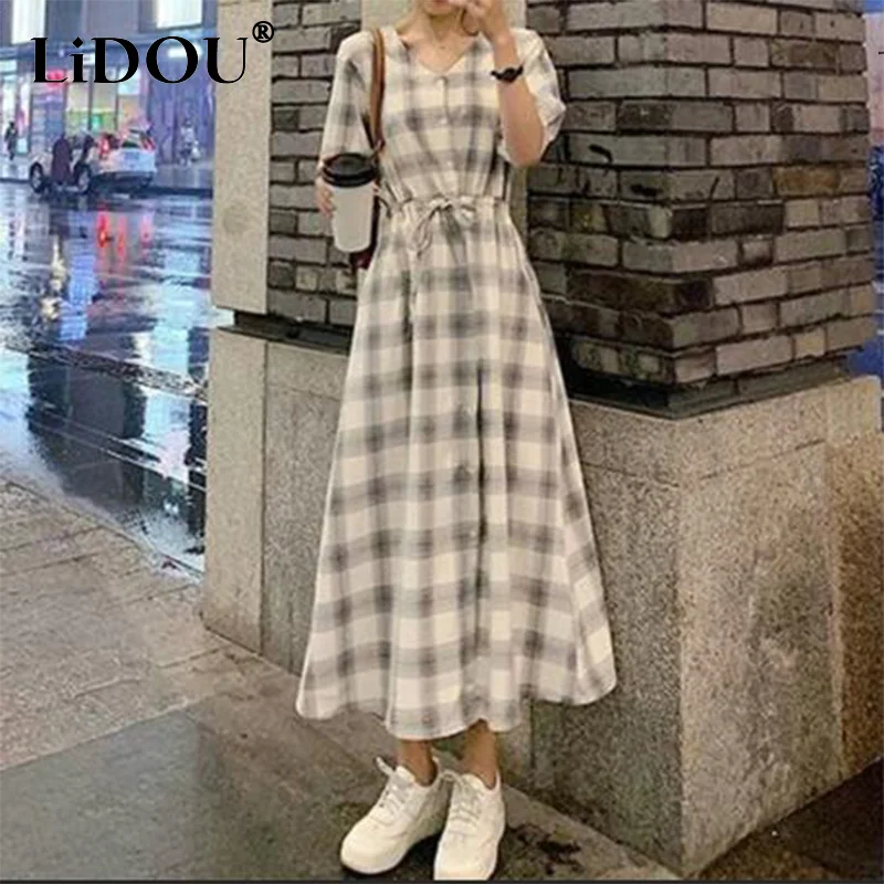 

Summer Women's Vintage Fashion Plaid Print Tunic Casual Long Dress V-neck Elegant Half Sleeve Loose A-line Dresses Robe Vestidos