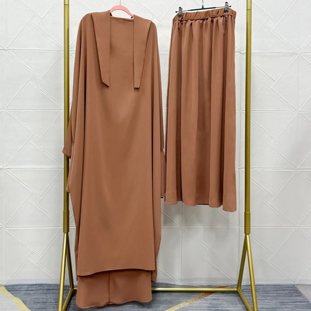 Muslim 2 Picec set Lady Pullover With Skirts Outfits Office New Spring Batwing Sleeve Top Suit Elegant Women Solid Color Dress