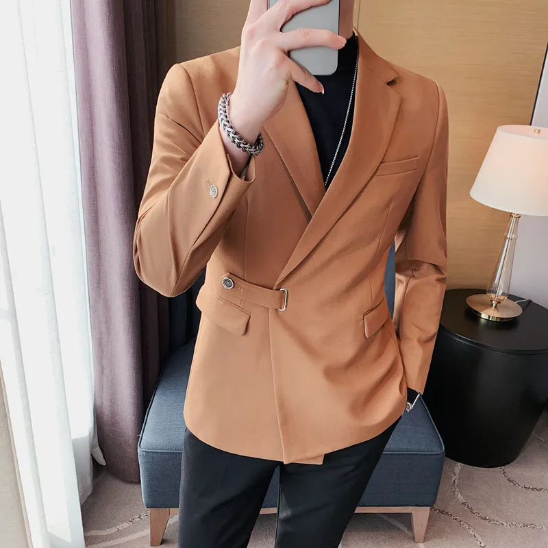 

Buckle One Suit Dress Clothing Autumn Pockets Jacket Male Blazer Button Blazers Cotton Coat Linen Men Homens Tuxedo Oblique Man