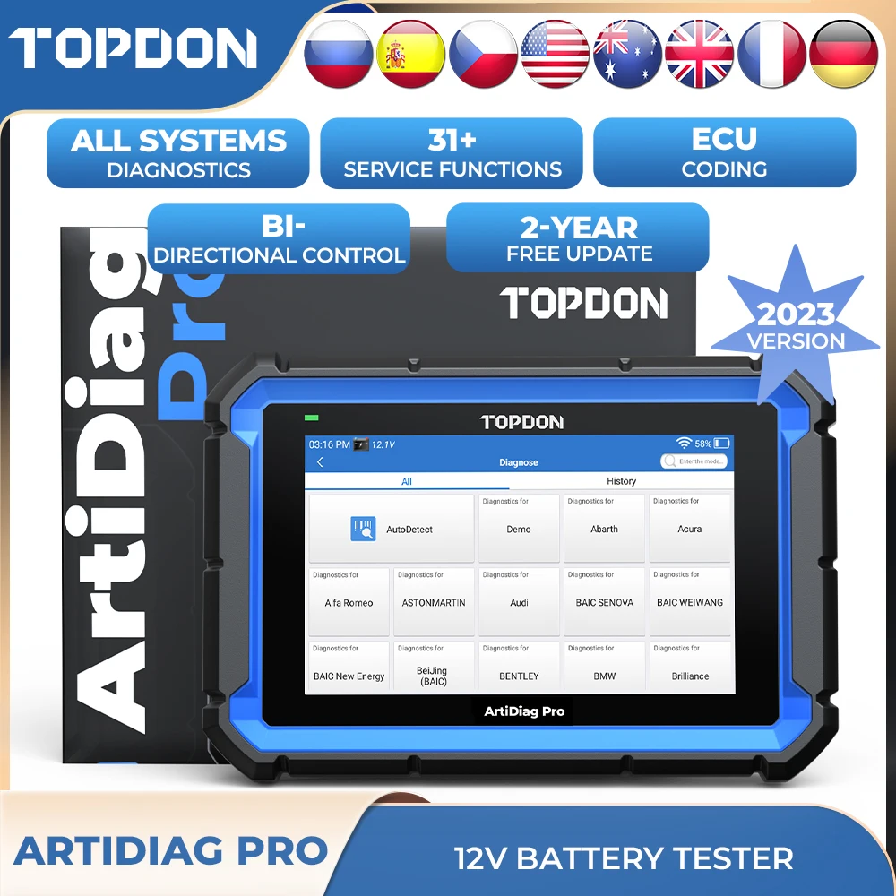 

TOPDON ArtiDiag Pro Автомобильный диагностический инструмент Obd2 Сканер кода неисправностей двигателя автомобиля ЭБУ Инструменты онлайн-кодирования Все системы Автомобильный автомобиль