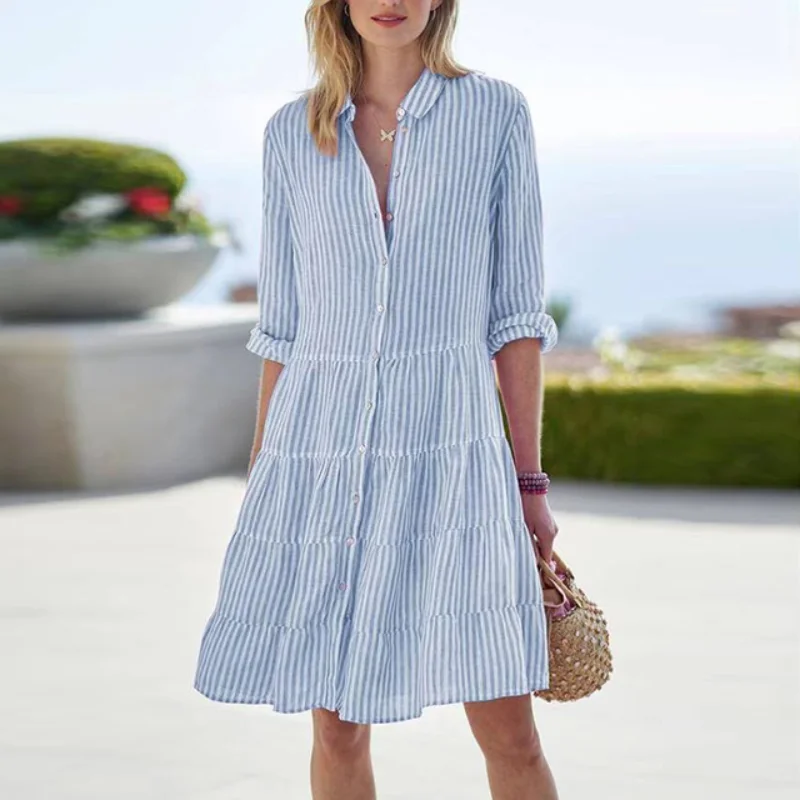 

Женское платье-рубашка в полоску, с длинным рукавом и отложным воротником