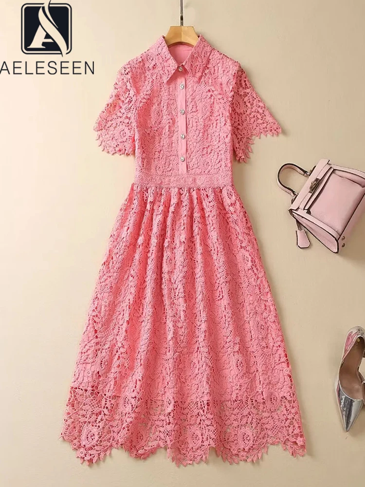 

AELESEEN Women Lace Dress Runway Fashion Spring Summer Turn-down Collar Diamonds Button Pink Elegant Long Party Holiday