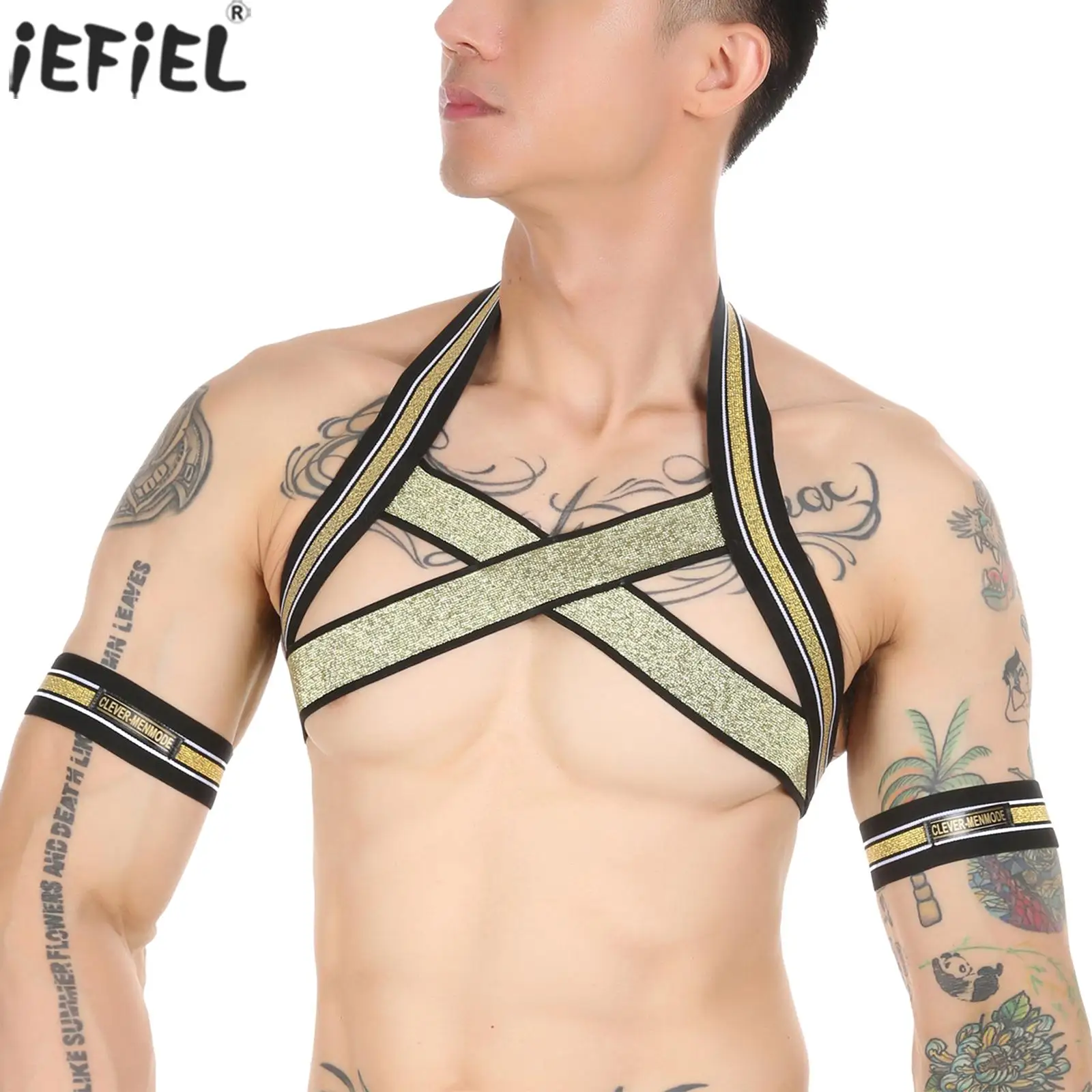 

Men Stylish Tight-fitting Straps Nightclub Sexy Crisscross Halter Neck Muscles Show Big Chest Straps with Arm Bands sexy tank