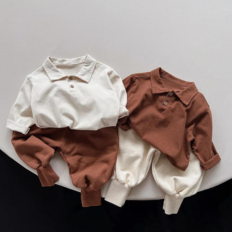 2022 New Children Casual T Shirts Solid Boys Girls Long Sleeve Lapel T Shirts Cotton Kids Bottoming Shirts Vintage Infant Tops