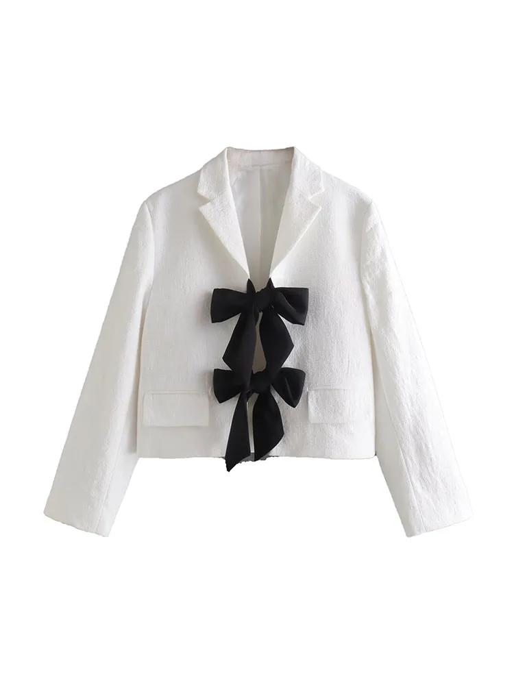 

BBWM 2022 Autumn Women Fashion White Blazer Versatile Long Sleeve Bow Decoration Lapel Female Short Outerwear Chic Top