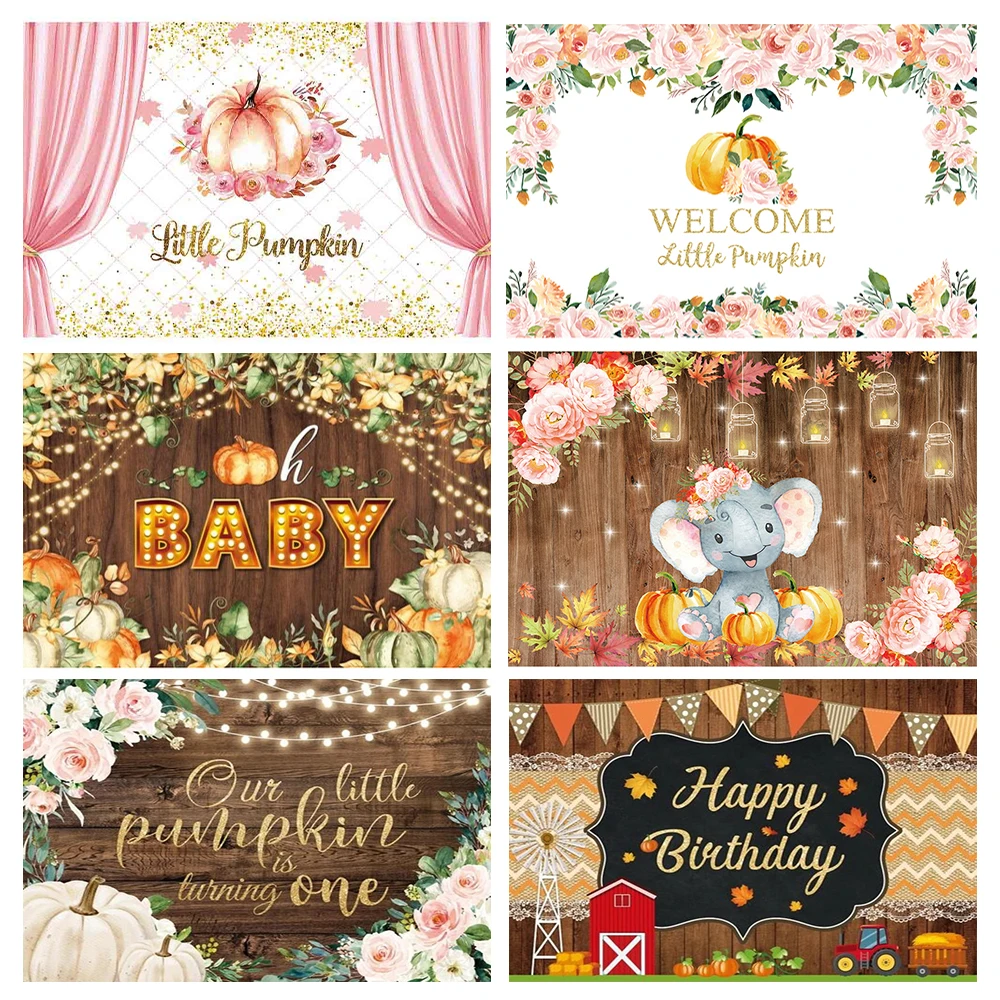 

Autumn Baby Shower Backdrop Kids Pumpkin Floral Wood Newborn Party Customize Banner Photography Background Photo Studio Booth