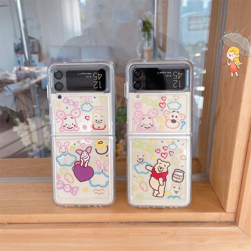 

Graffiti Cartoon Bear Pig Transparent Phone Case for Samsung Galaxy Z Flip 3 Hard PC Back Cover for ZFlip3 Case Protective Shell