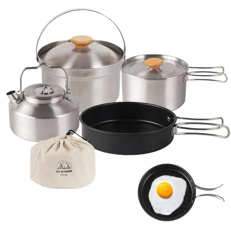 

Camping Pot Pan Set 4pcs Outdoor Cookware Set Stainless Steel Pots And Pans Nonstick Frying Pan For Picnic Mountaineering Hiking