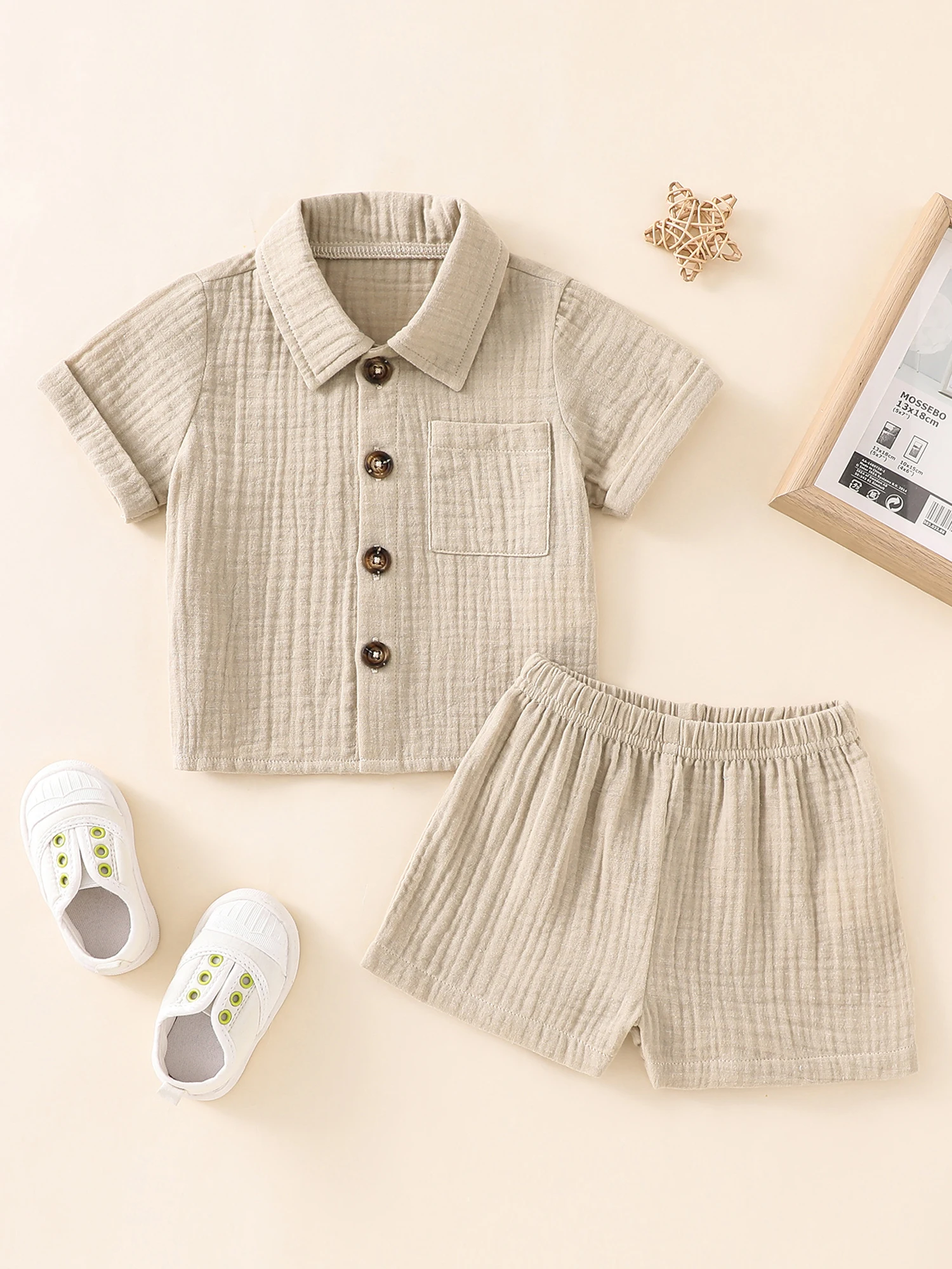 

Baby Boys Clothes Set Toddler Infant Boys Button-Down Shirt Tops Cotton Gauze Shorts Summer Outfit 2PCS with Pockets (Powder