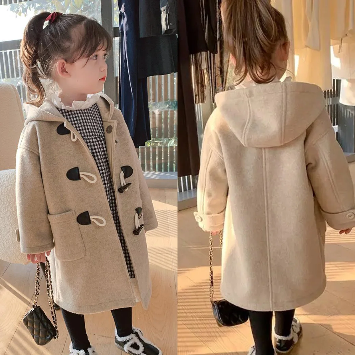 

3-11y Kids Wool Coats Autumn Spring Girls Blends Jackets Hooded Long Sleeve Solid Casual Children Outerwear Top Clothes H70