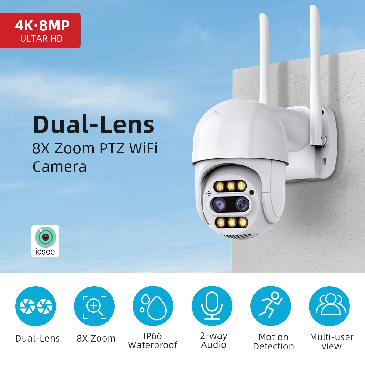 

4K IP PTZ Camera 8X Digital Zoom Camera Outdoor Waterproof IP66 2K Wifi Surveillance Security Camera CCTV Dual Lens Auto Track