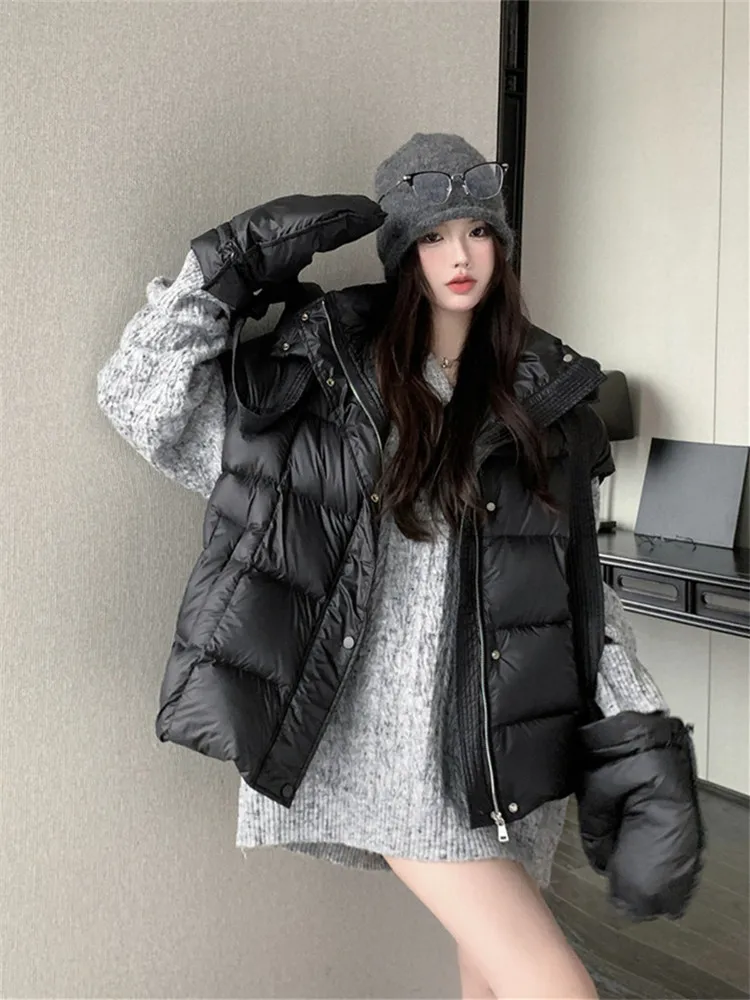 Women Down Vest Coat Black Hooded Cotton Coat Women's New Thickened Plush Waistcoat Coat In 2022 Winter