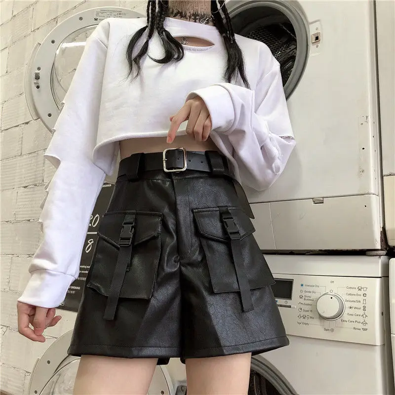 

Woman PU Leather Shorts Female New High Waist Vintage Pockets Office Ladies Wide Leg Ladies Vintage Pockets Casual Shorts G33