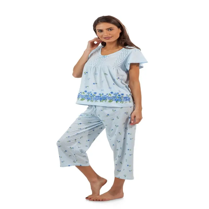 Women`s Short Sleeve Floral Border Capri Pajama Set