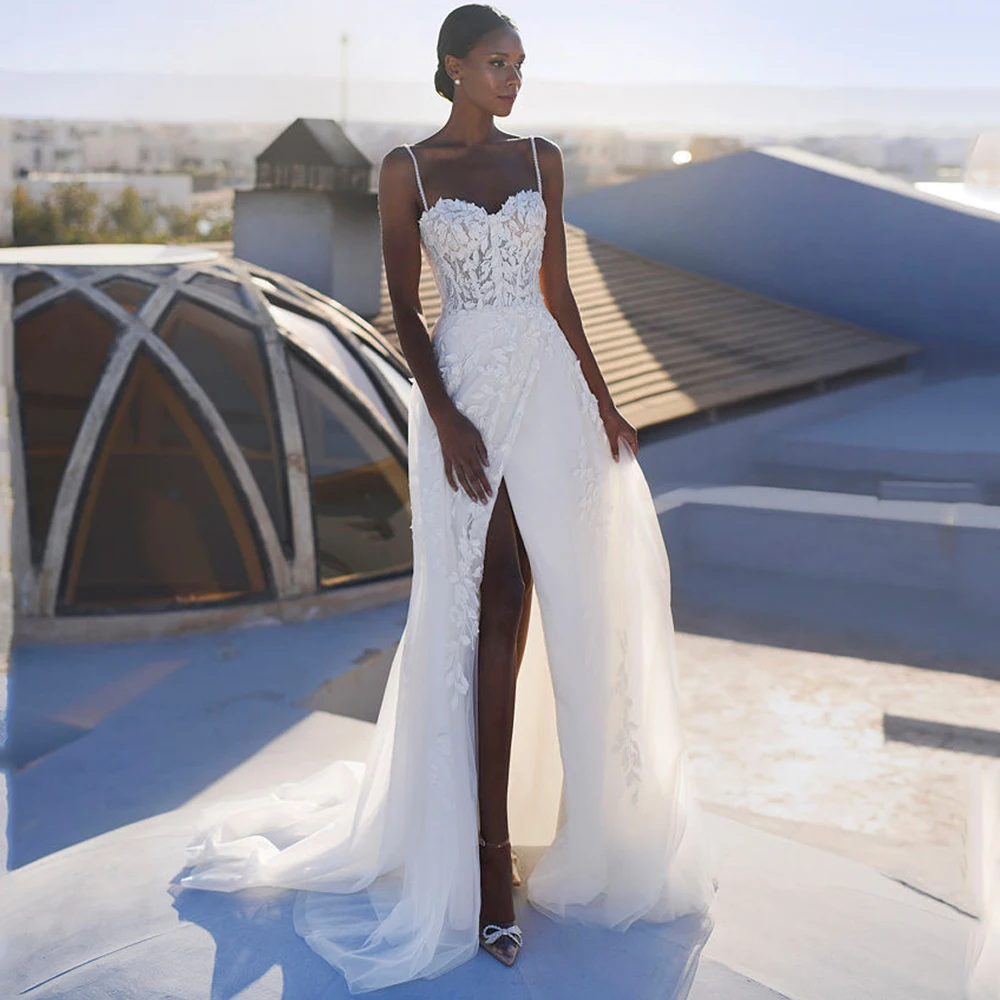 

Pmwrun Spaghetti Straps Wedding Dress Tulle Sweetheart Applique Sexy High Slit A-Line Bride Open Back Floor Length Zipper Gowns