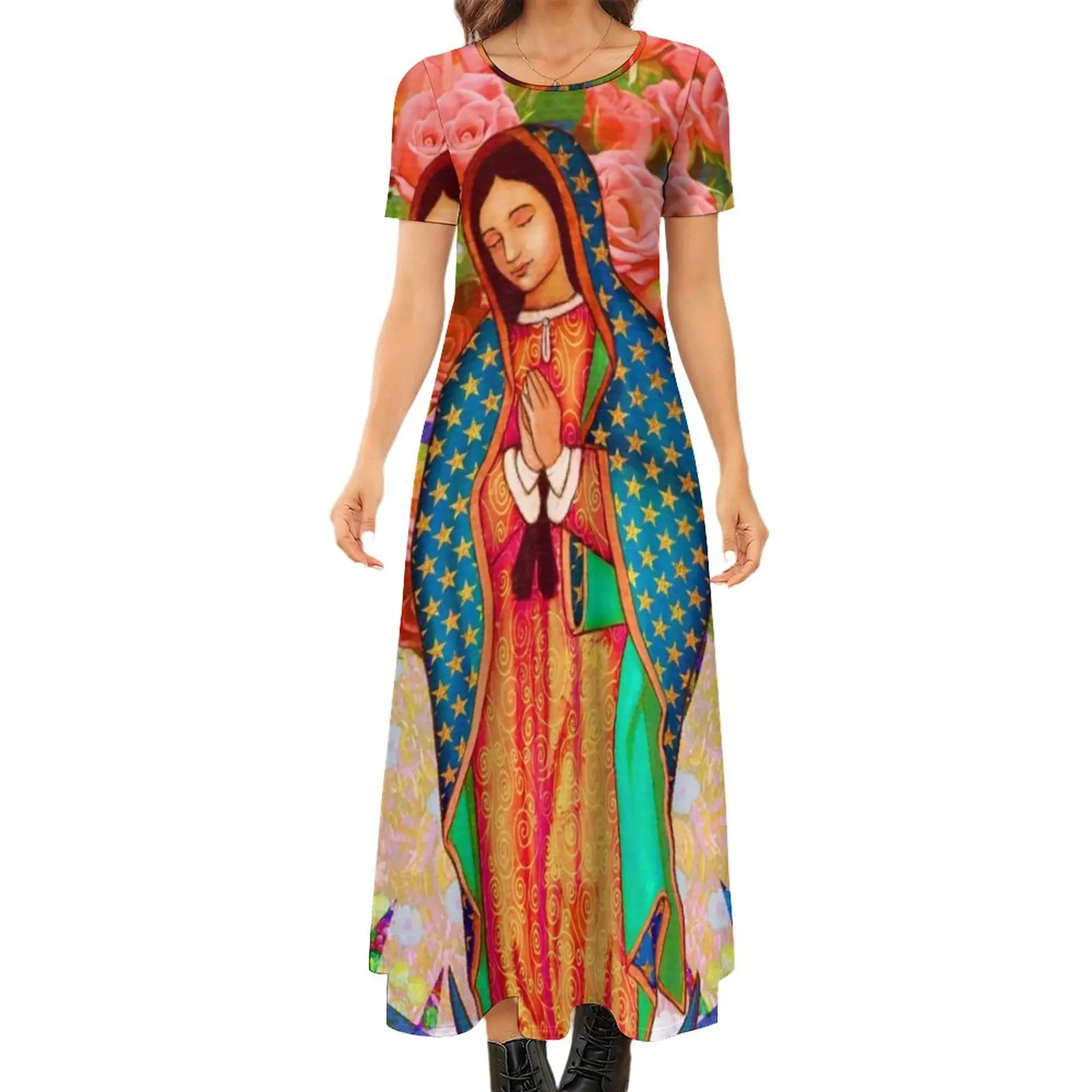 

Virgin Mary Dress Rainbow Guadalupe Cute Maxi Dress Short Sleeve Streetwear Boho Beach Long Dresses Woman Print Oversize Clothes