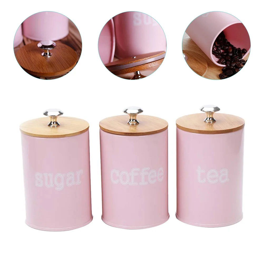 

3 Pcs Kitchen Storage Tank Metal Container Lid Food Storage Jar Cereals Sugar Coffee Container Set Bamboo Coffee Canister