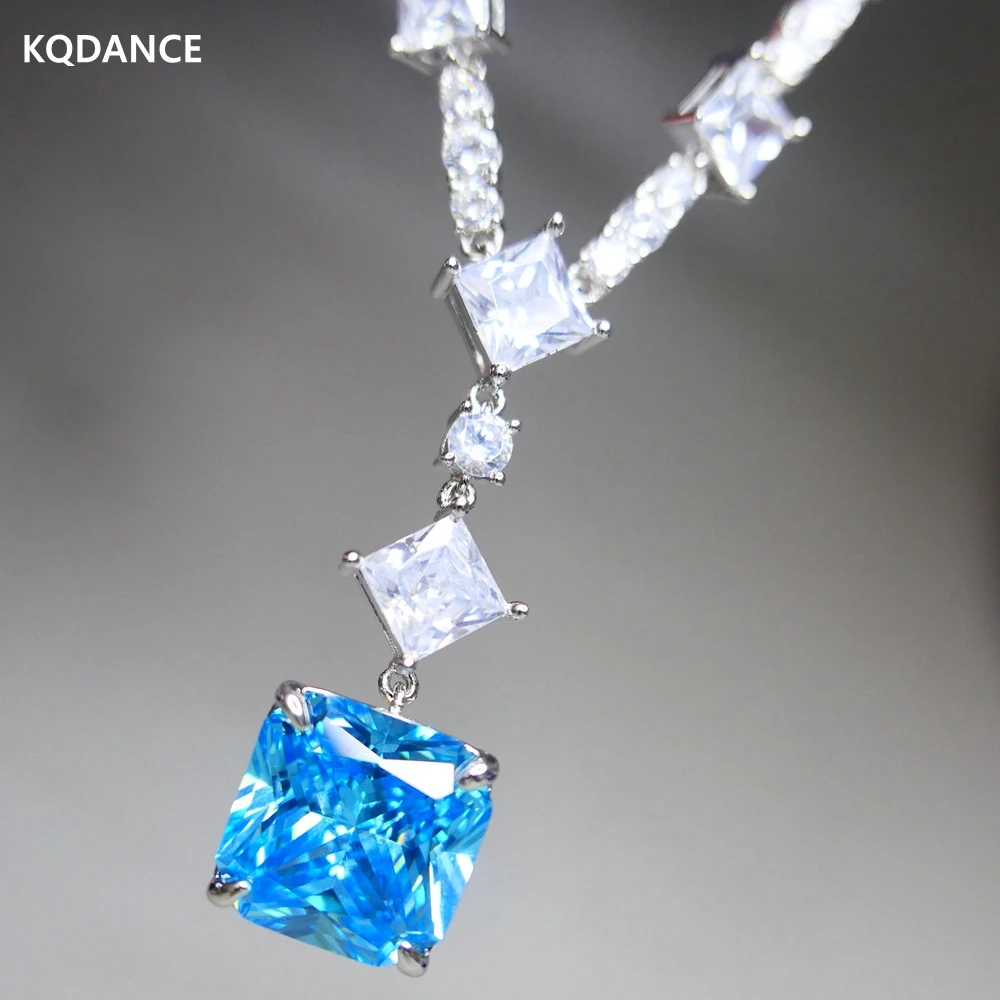 

KQDANCE 15mm Lab Aquamarine Diamond Tennis Chain Necklace With Light Blue Stone Silver Gold Plated Wedding Jewelry For Women
