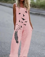 womens bodysuit new casual bird feather print sleeveless pocket design jumpsuit animal graphic cotton blends suspender pants