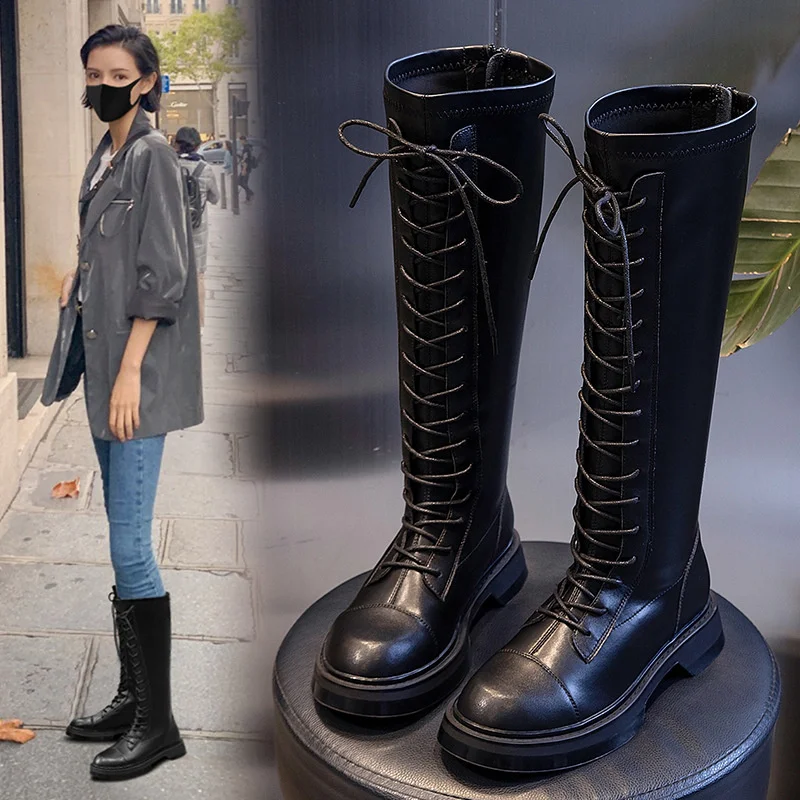 

Luxury brand genuine Leather for women 2023 winter new plush cavalry round head lace casual women's boots trend