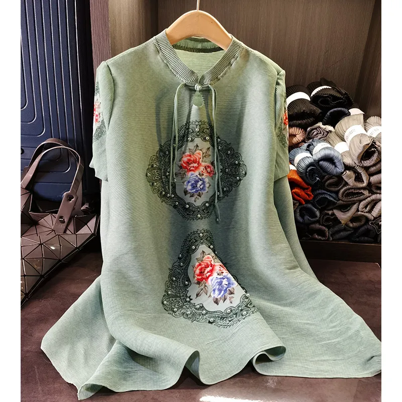 

Retro Collar Plate Buckle Bead Printing Pleated Dress Loose Large Yards Miyake Skirt Female 2023 New Plus Size Women Clothing