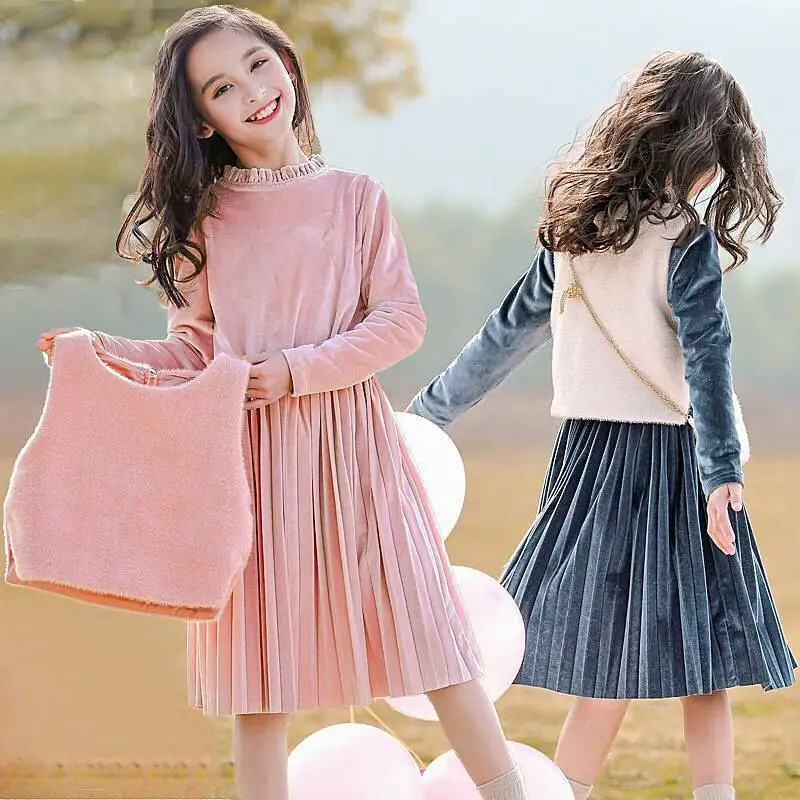 

Spring And Autumn Girls' Casual Dress New Fashion Children's Clothing Girls Two-Piece Skirt Winter Fleece Princess Dress