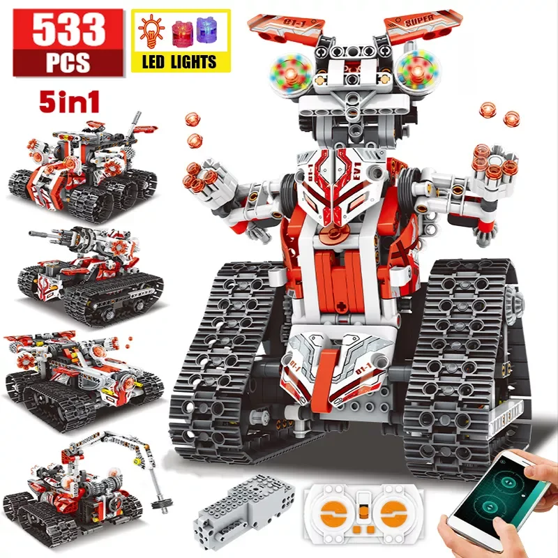 

5 in 1 STEM Technical Idea Remote Control Deformed Robot Car Building Blocks City APP RC Vehicle Tank Bricks Toys For Kids Gifts