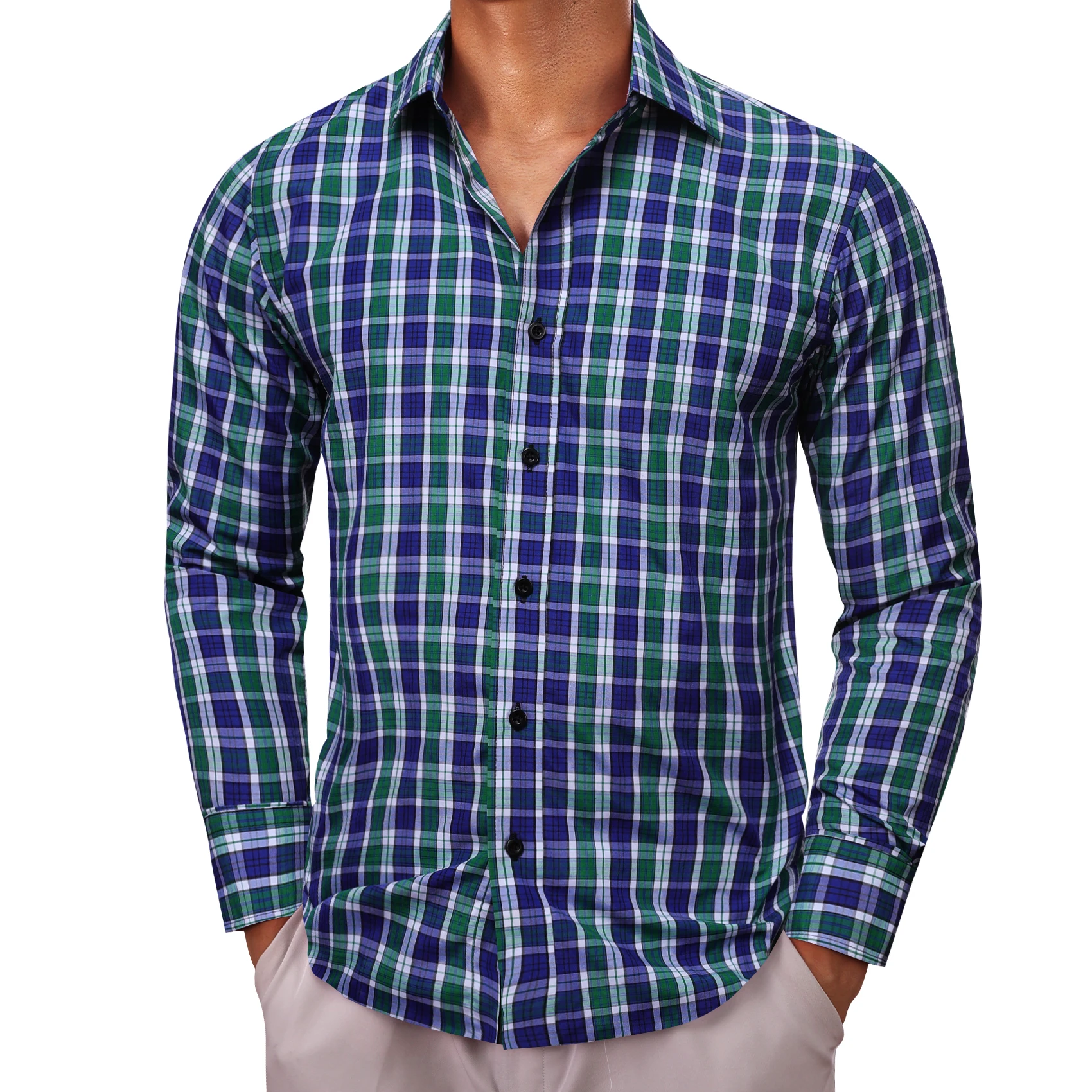 

Luxury Long Sleeve Silk Shirts for Men Blue Green White Plaid Striped Slim Fit Male Blouse Casual Formal Work Tops Barry Wang