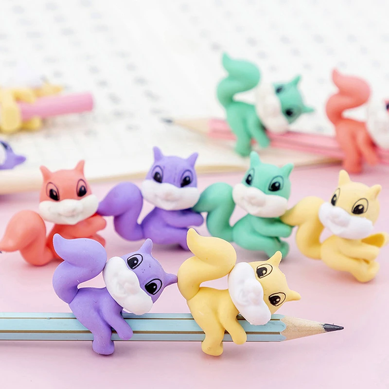 

2Pcs Creative Cartoon Animals Squirrel Eraser Caps Pencil Rubber Erasers Stationery For Student