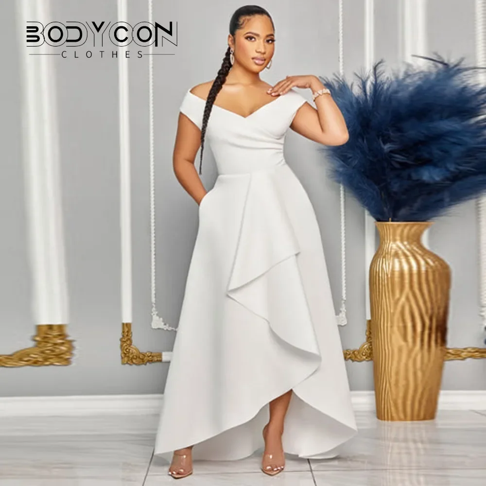 

Женское облегающее платье-макси с открытыми плечами, V-образным вырезом, высокой талией и широкой юбкой