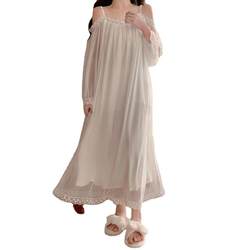 Women Off Shoulder Temperament Nightdress Ruffles Chic Dresses Lovely Girls Sleepwear Korean Long Sleeve Gowns Lolita Night Wear