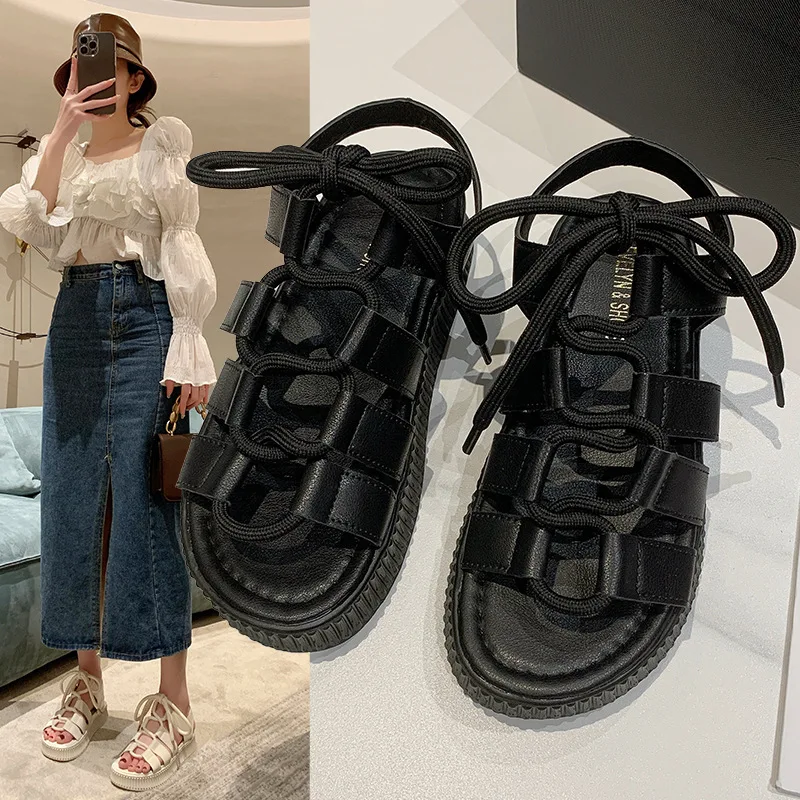 

Сандалии женские с открытым носком, удобная обувь с перекрестным каблуком, ремешок на щиколотке, толстая обувь для девушек, с открытым носко...