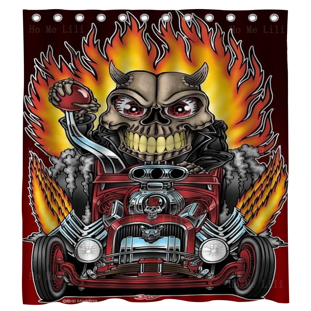 

Hot Rod Skull Garage Art Man Cave Metal Sign Heavy Metal Burning Chrome Adventure Shower Curtain By Ho Me Lili Bath Decor