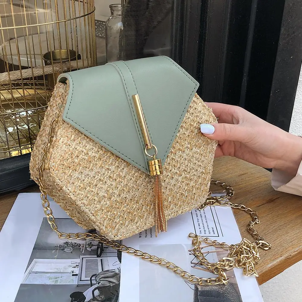 

Women Shoulder Bag Hex-shape Mulit Style Straw Leather Handbag Summer Rattan Bag Handmade Woven Beach Circle Bohemia