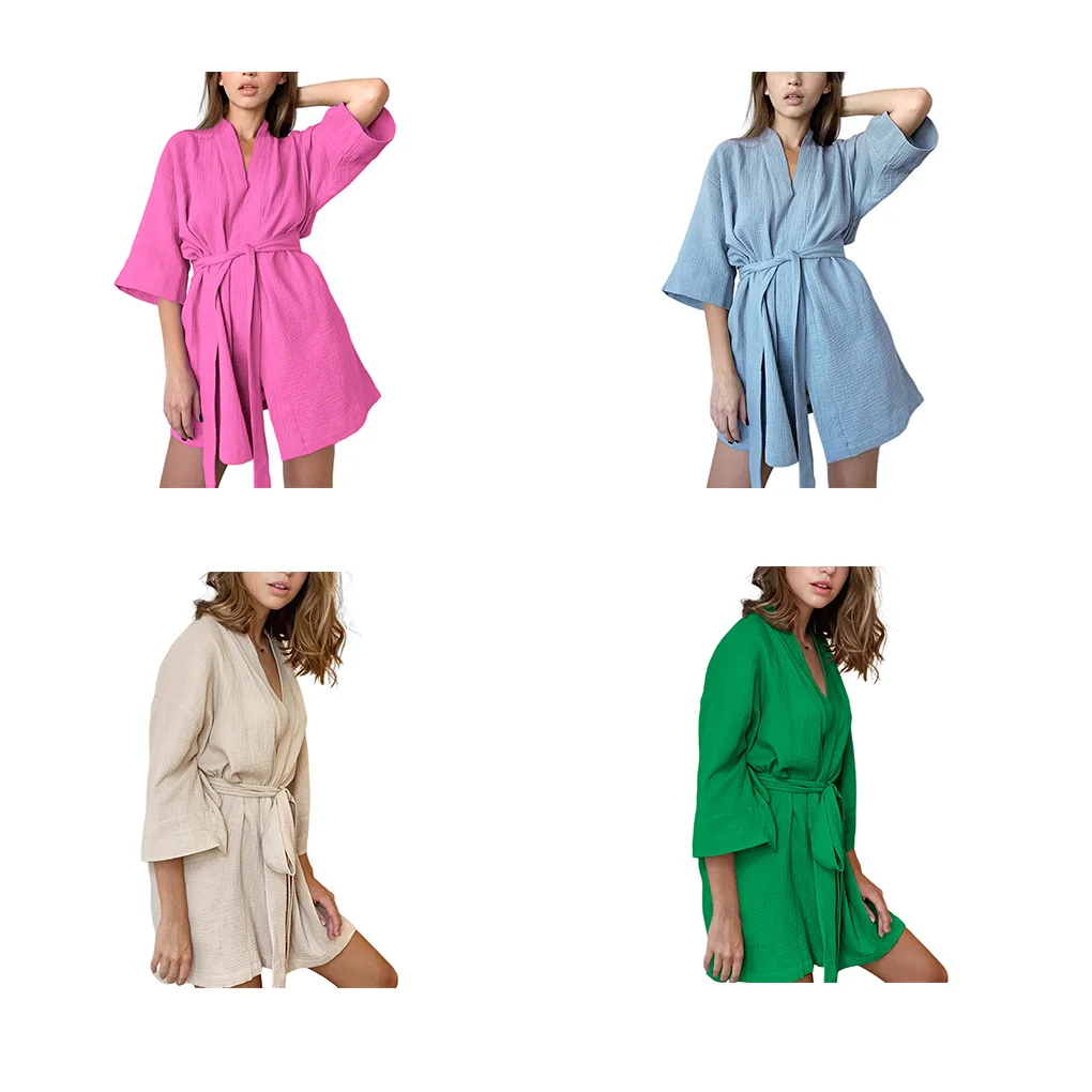 

Хлопковый Халат Crape, женские банные халаты, домашняя модная летняя Ночная сорочка на шнуровке