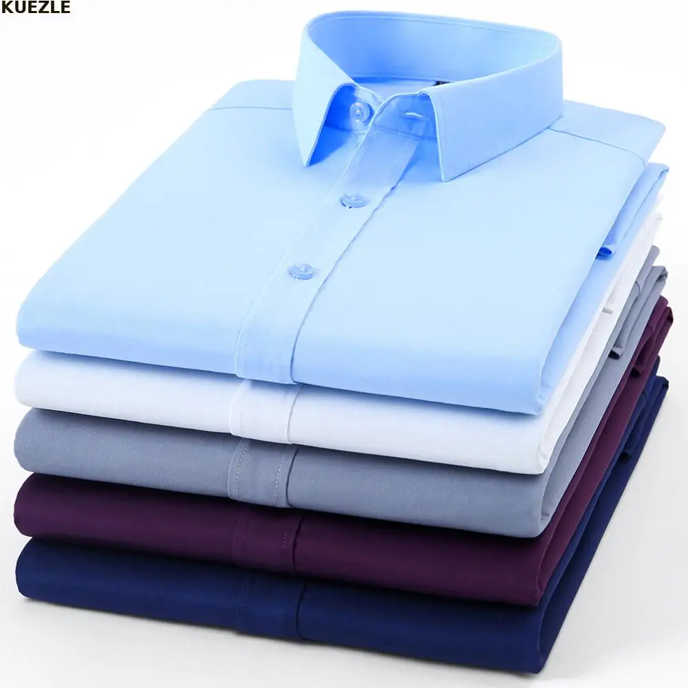 

2022 New Hot Top Quality Men Summer Dress Shirt Non Iron Fashion Long Sleeve Business Formal Regular Fit Office Blue Shirts 5XL
