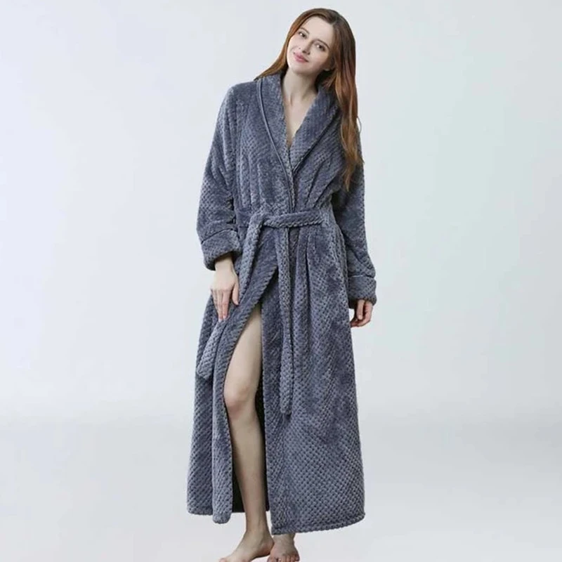 

Women's Long Bathrobe Flannel Fluffy Winter Long Sleeve Solid Ladies V Neck Robes Sleepwear Soft Terry Home Clothes for Female