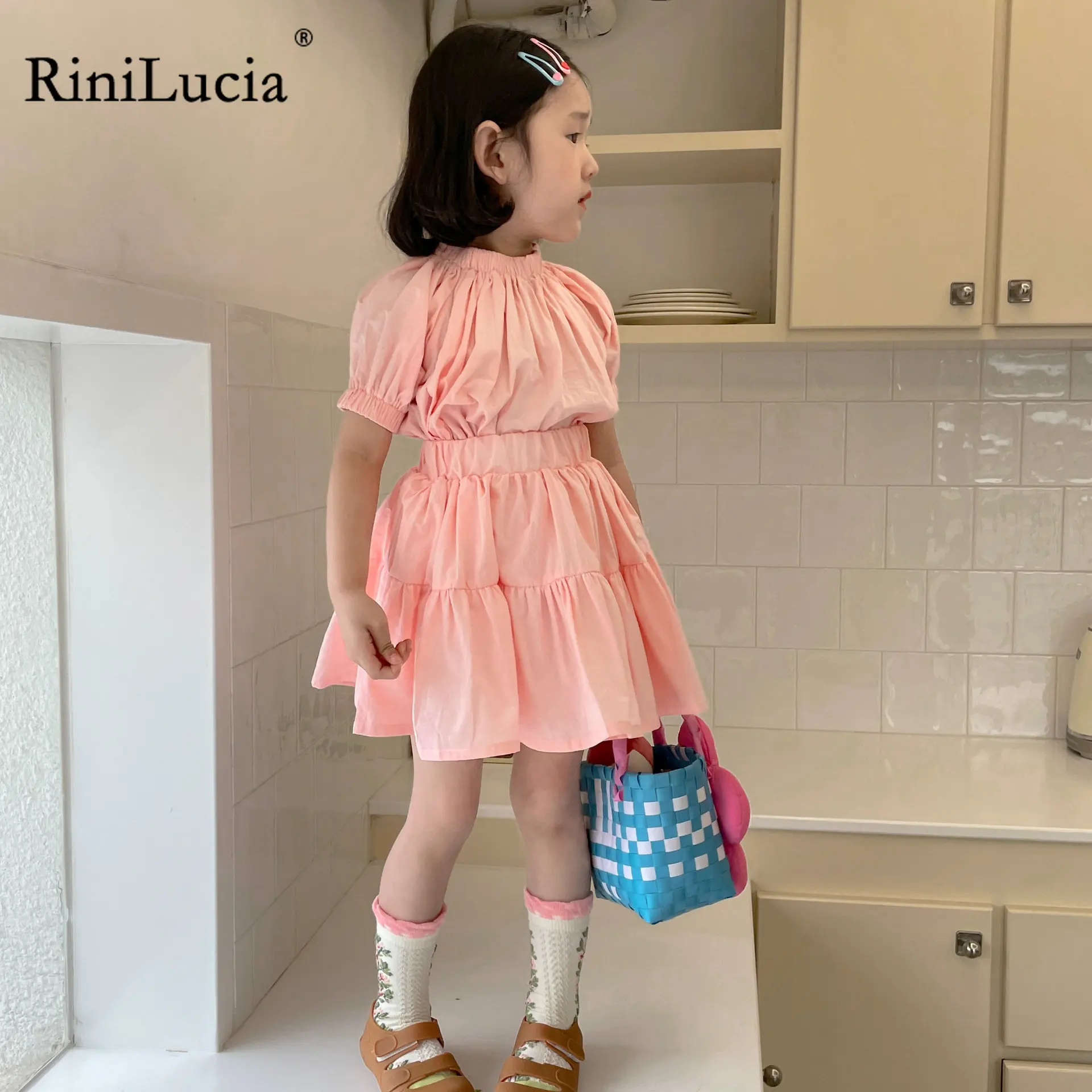 

Детский летний комплект для девочек, однотонная плиссированная Блузка + юбка-годе, костюмы для младенцев из 2 предметов, модная детская одеж...