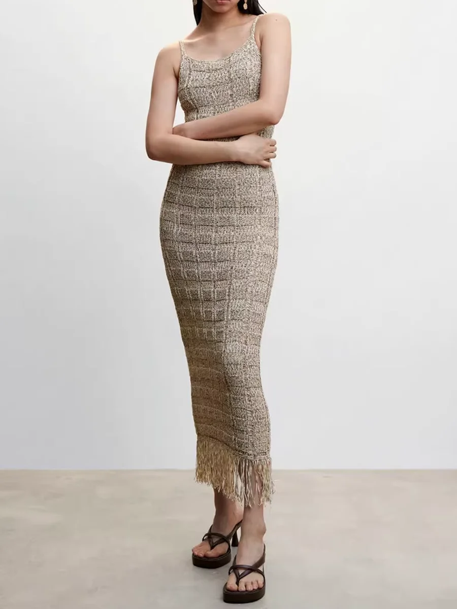 

Tassel Plaid Knitted Midi Dresses Summer Sleeveless Strapless Slim Sexy Long Vestidos 2023 Woman Casual Beach Vocation Dress