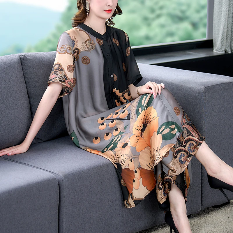 Summer new short sleeve printed broad leg cover loose temperament large size high-end fashion elegant women's wear