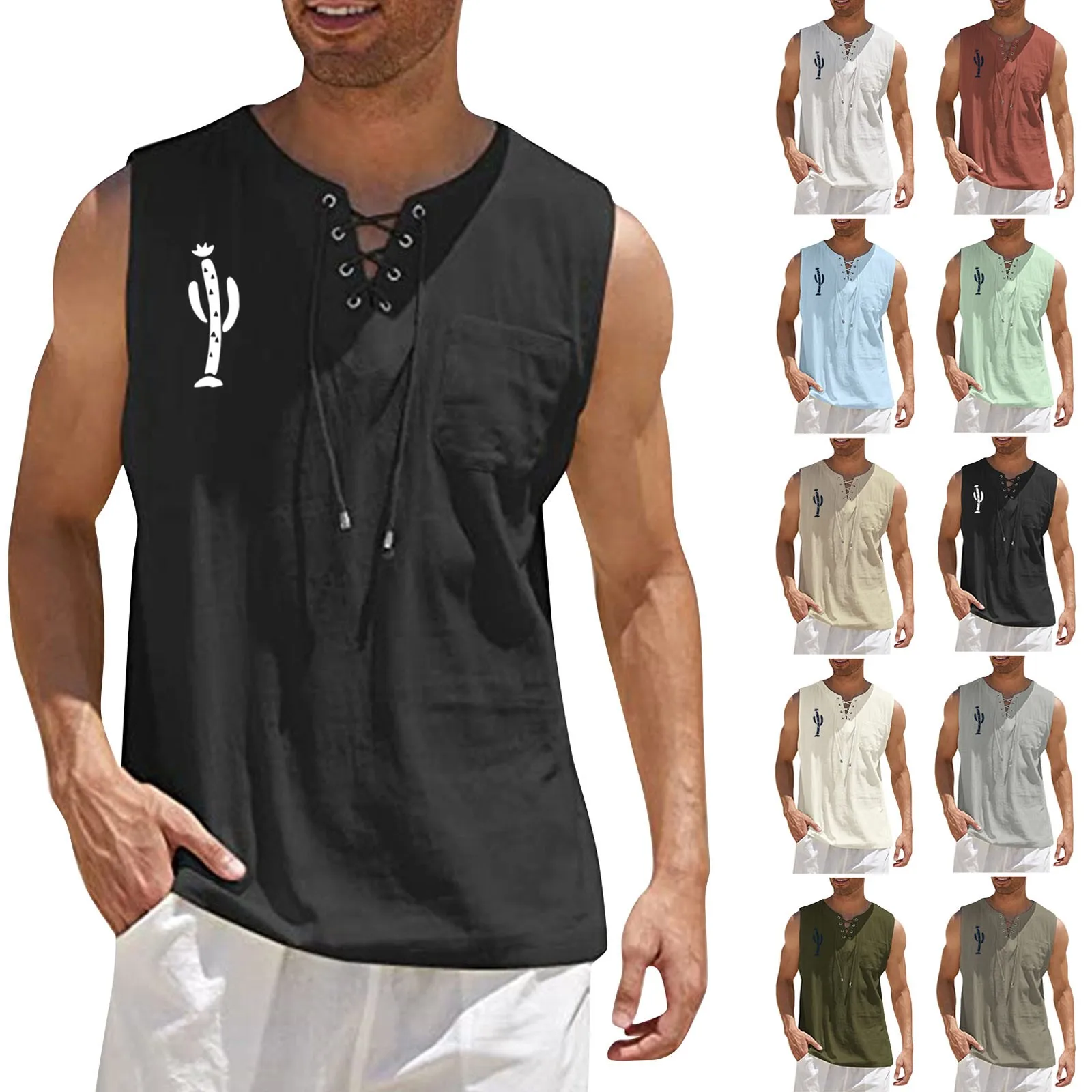 

2022 New Men's Shirts Sleeveless Solid Casual Beach Tops Loose Cotton Linen V Neck Drawstring Printed Shirt Blouse Vest