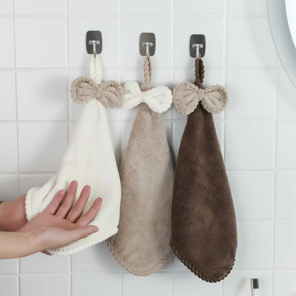 

Bow Hand Towel Coral Fleece Hanging Band Towel Highly Absorbent Quick Drying Bathroom Thickened Cleaning Home Kitchen Wipe Cloth