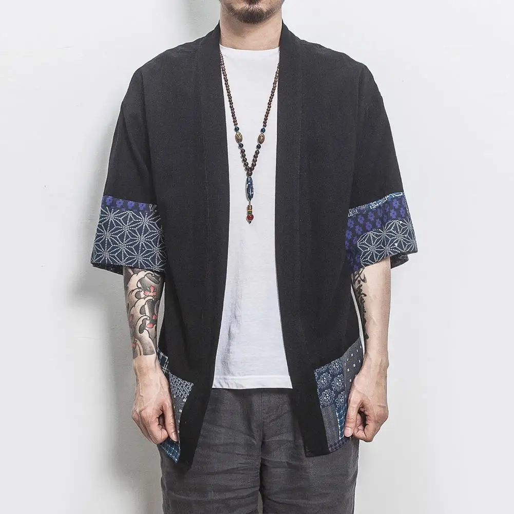

Men Cardigan Coat Retro Patchwork Cardigan Coat Men's 3/4 Sleeve Open Front Poncho Outerwear Thin Hanfu Style Jacket Loose Fit