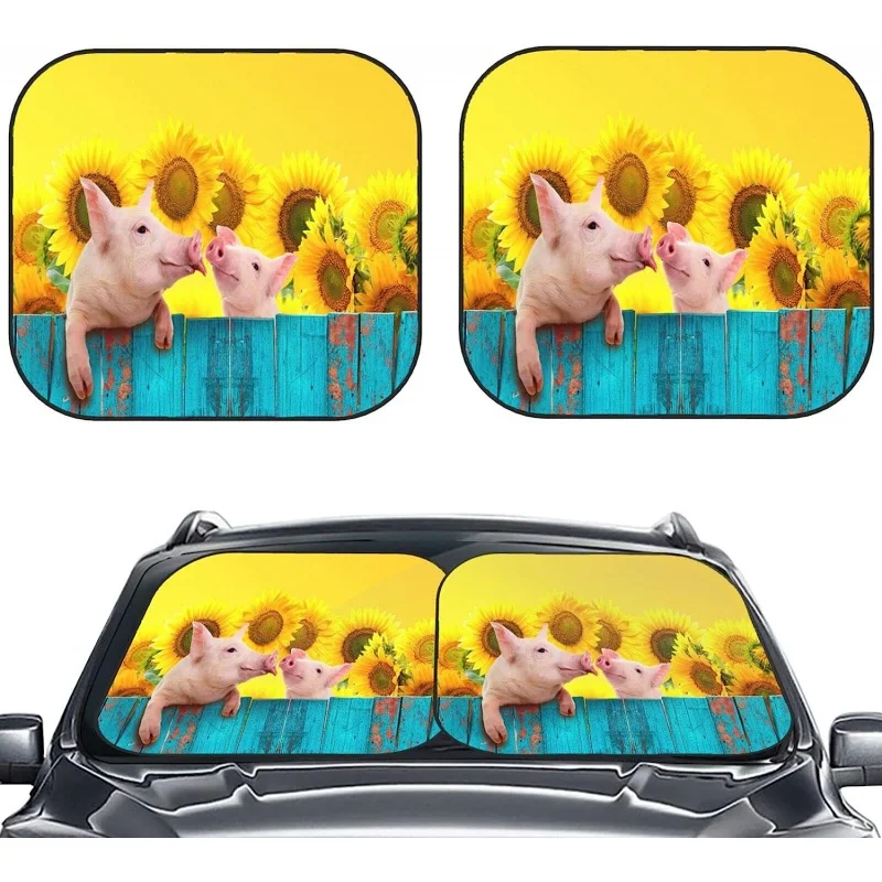 

Cute Pig Animal with Sunflower Car Windshield Sun Shade Auto Foldable 2pcs Window Sunshades for Most Windshield Foldable Large