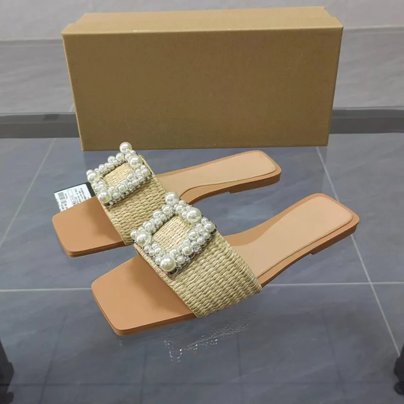 

Женские босоножки на плоской подошве, сандалии с квадратным носком, украшенные жемчугом, лето 2023