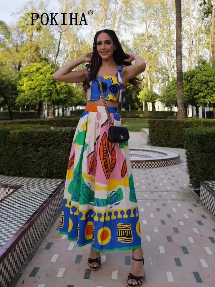 

Pokiha Fashion Women Print Sexy Sleeveless Tied Up Tops And Vintage High Waisted Skirts Chic Female Two Piece Sets Mujer Holiday