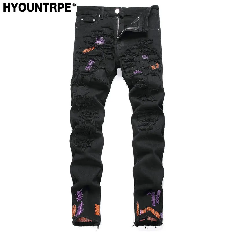 Fashion Irregular Distressed Ripped Jeans 2023 Casual Denim Pants Men Punk Biker Jeans Streetwear Slim Fit Hip Hop Pants Joggers