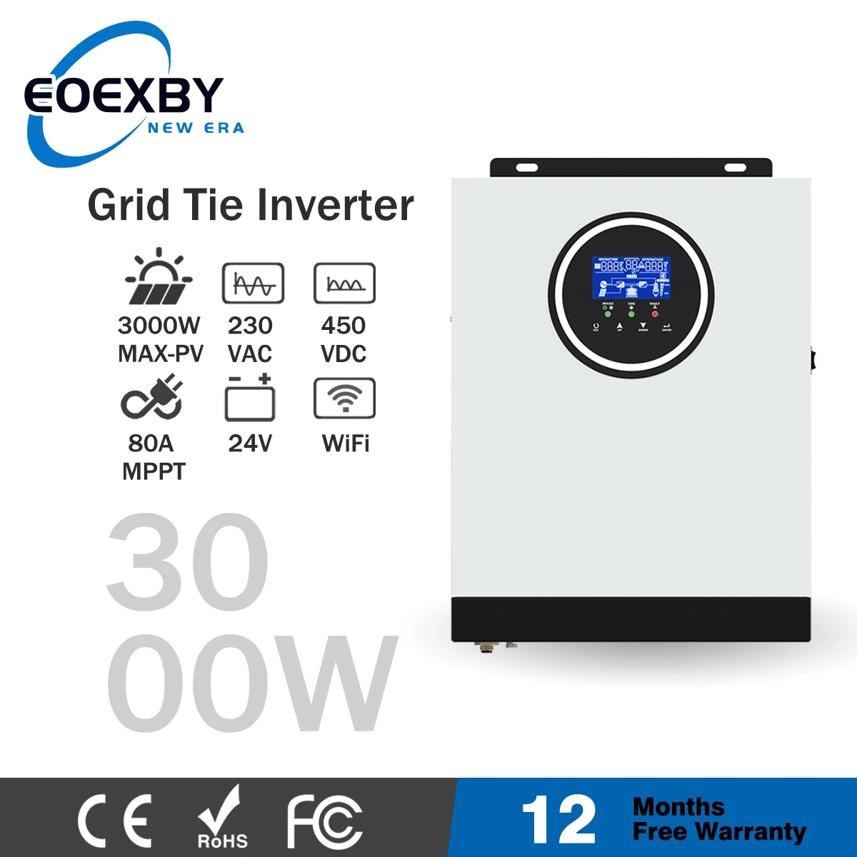 

Солнечный инвертор EOEXBY MPPT 80A, 3000 ВА, Вт, 24 В, встроенный контроллер солнечной энергии, в переменного тока, выходное напряжение, поддержка Wi-Fi модуля, макс. PV В постоянного тока