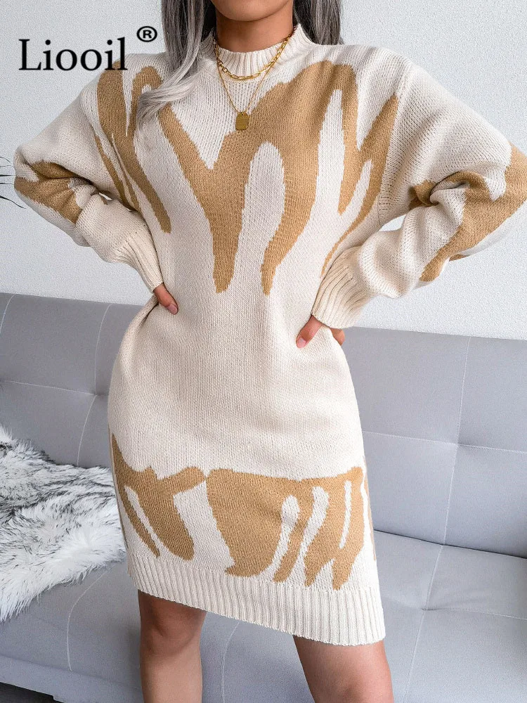 

Liooil Geometric Print Short Knit Sweater Dress For Women 2022 Autumn Winter Long Sleeve O Neck Warm Sexy Knitting Mini Dresses